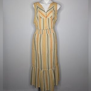 Prana Yellow Orange Striped Organic Cotton V Neck Sleeveless Midi Dress S